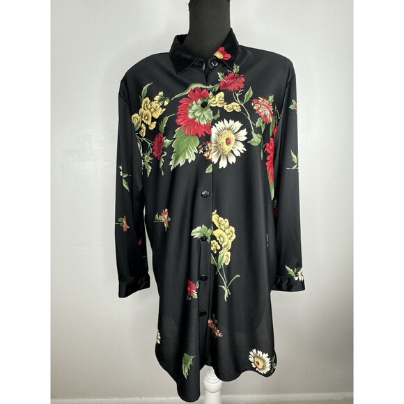 Vintage Top Notch Tunic Sz L Button Down Black Floral Made In USA - Picture 1 of 6